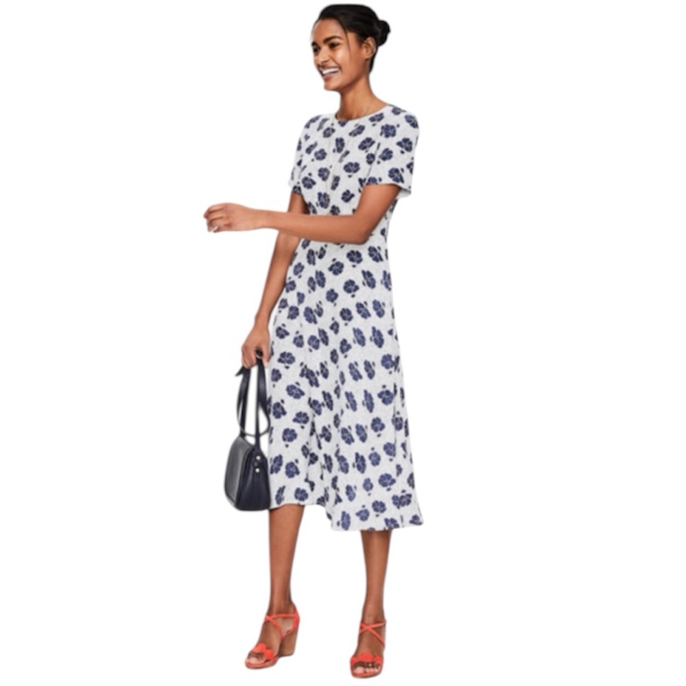 Boden White Midi Dress with Navy Floral Print - Picture 1 of 10
